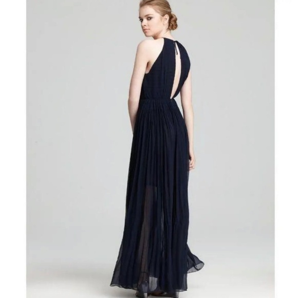 French Connection halter dress, split back, semi sheer sweep in navy blue Size 6 - Picture 2 of 11